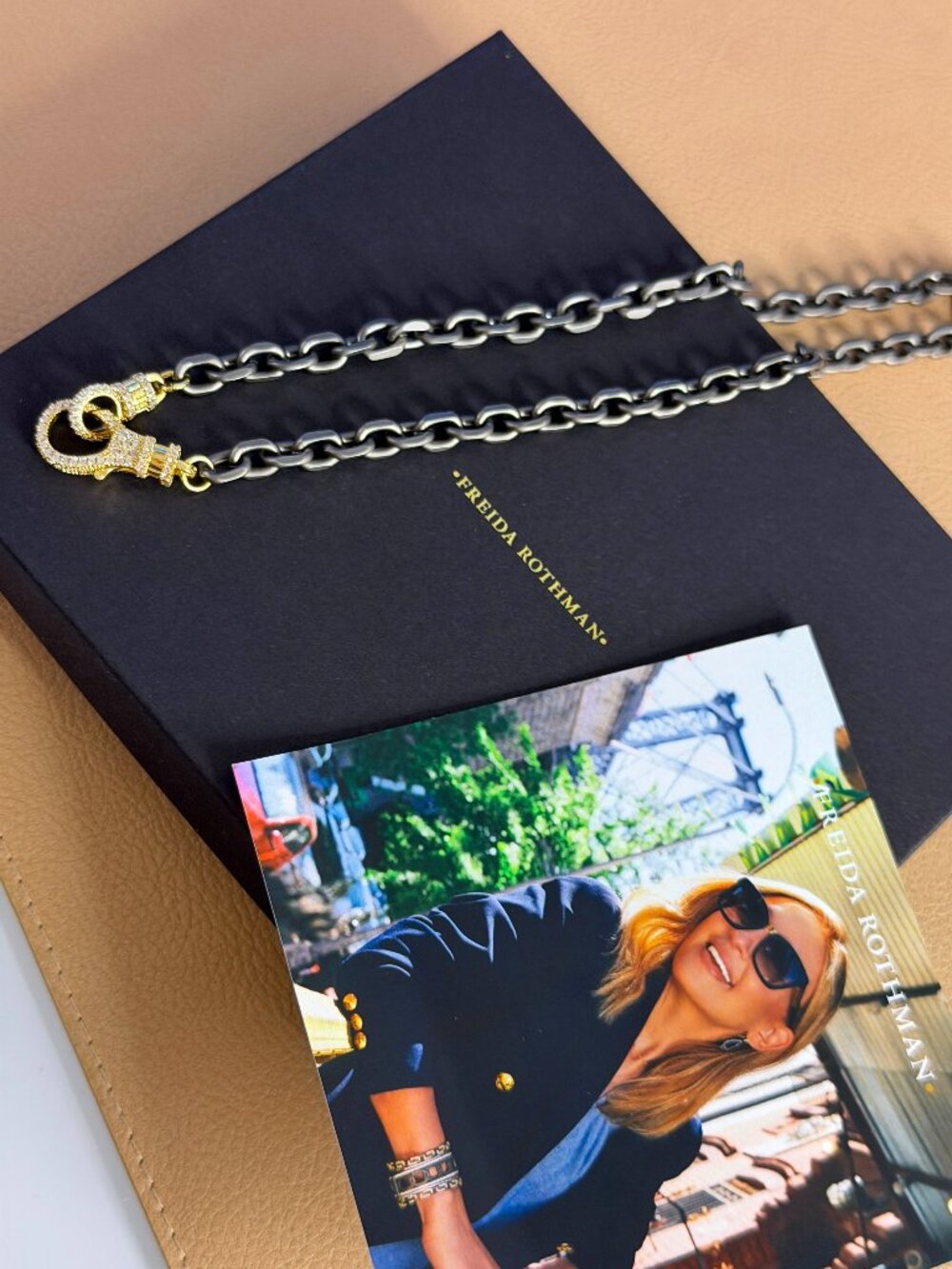 FREIDA ROTHMAN VAULT - Matte Black Rhodium Link Necklace Chain Pave Gold Closure